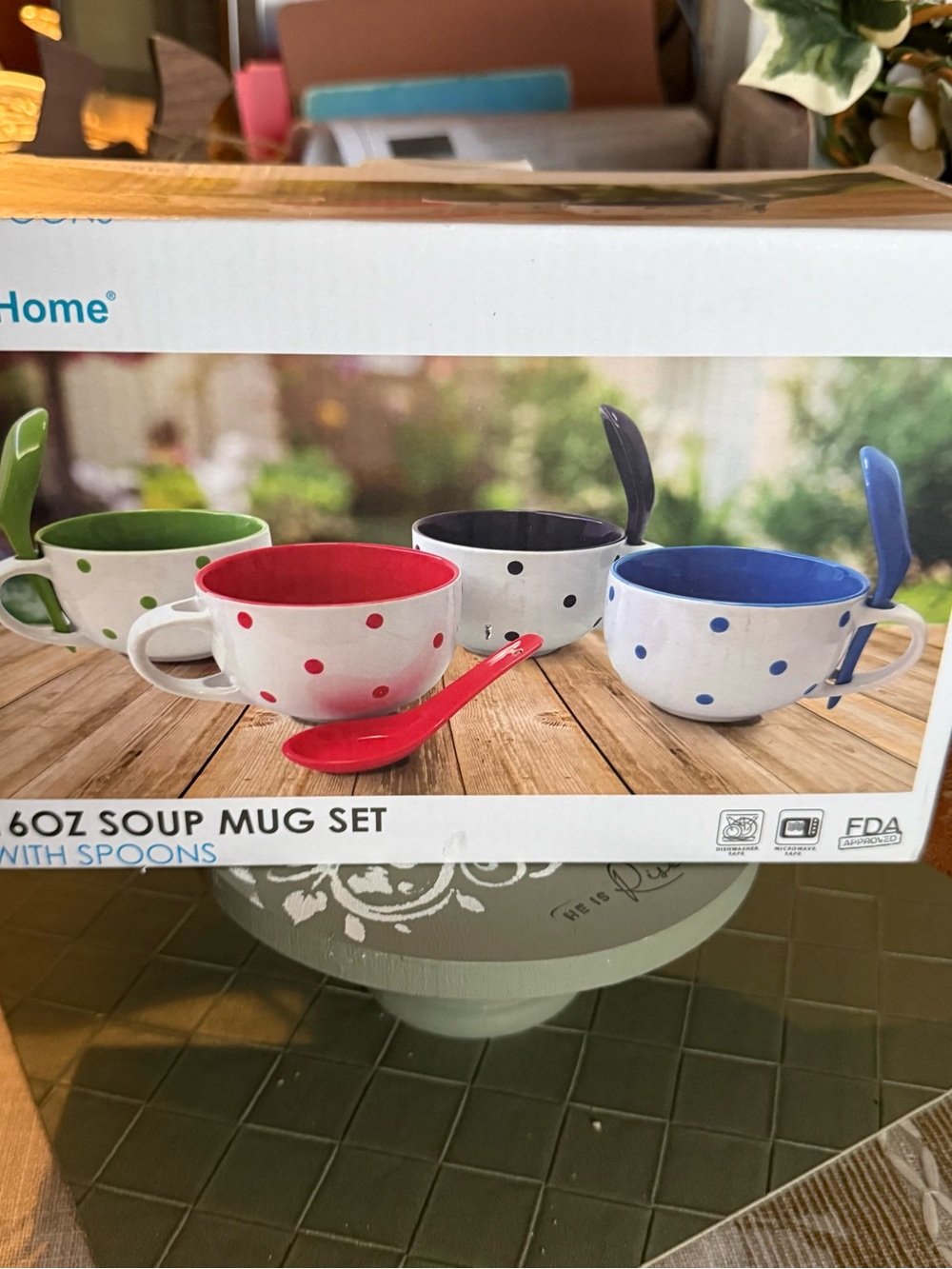 Sheffield Home Polka Dot Soup Mug Set with Spoons - Red, Green, Black, Blue